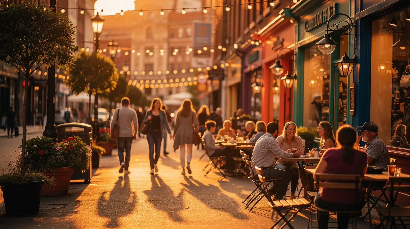 The image captures a lively scene in downtown Chandler, where people stroll along vibrant streets adorned with outdoor dining tables and string lights, all illuminated by the warm evening glow. Visitors can enjoy the atmosphere filled with live music while exploring various storefronts, with plenty of convenient free parking options available nearby.