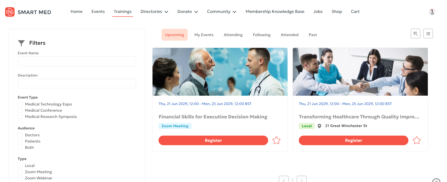 Page showing upcoming events on member portal