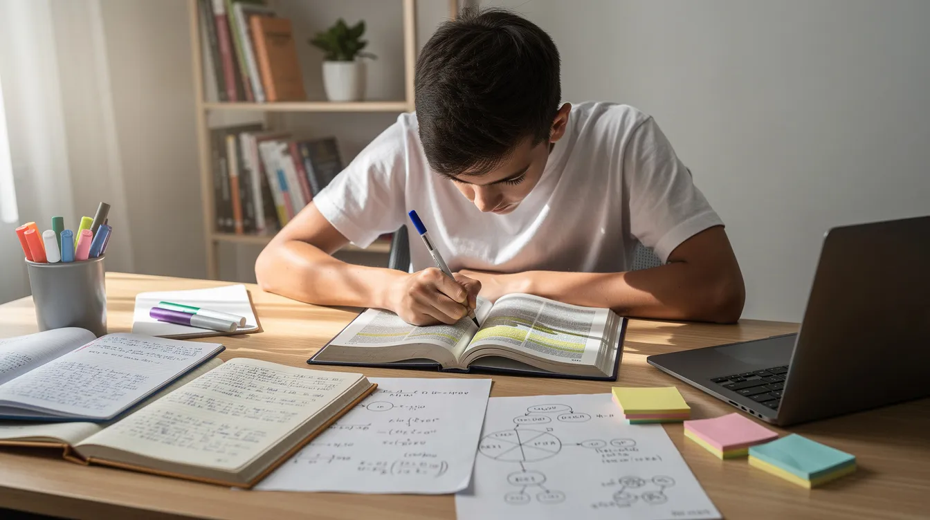 Na biurku studenta leżą książki i notatki, a wśr&oacute;d nich można dostrzec tytuł "Kamienie na szaniec", kt&oacute;ry dotyczy wydarzeń II wojny światowej i bohater&oacute;w szarych szereg&oacute;w. Student intensywnie studiuje, aby przygotować się do testu z lektury, skupiając się na akcjach harcerzy i ich działaniach przeciwko gestapo.