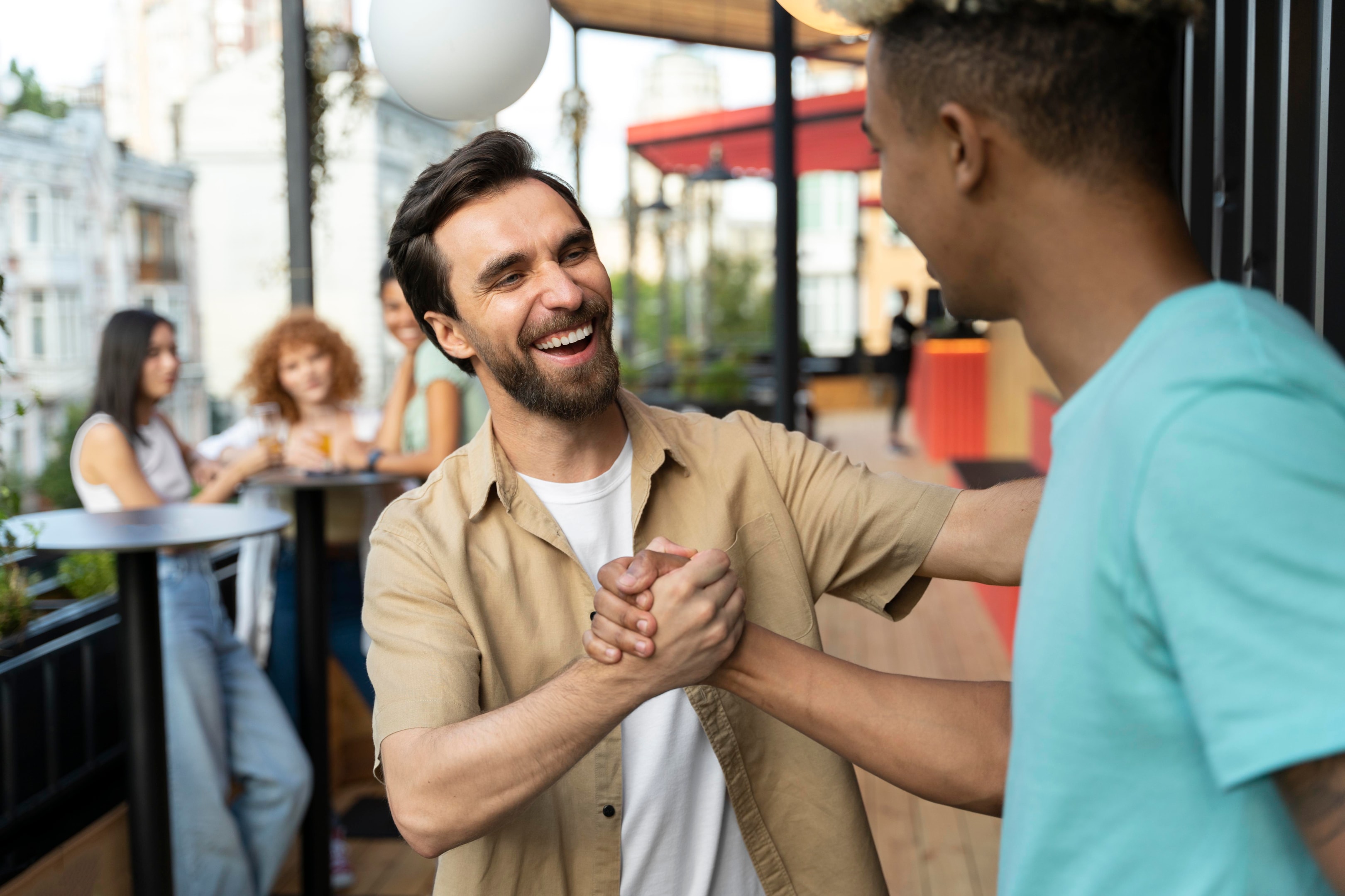 two men cheering with each other