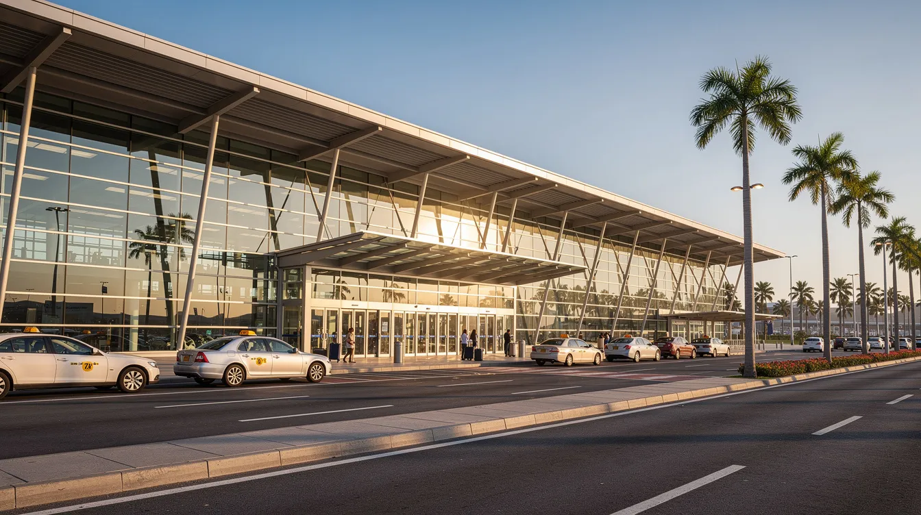 The image shows a modern airport terminal building surrounded by parked cars and palm trees, all set against a clear blue sky, indicative of the vibrant atmosphere at Fez Airport in Morocco. This bustling location is ideal for travelers looking to rent a car for their Moroccan adventure, with various car rental companies available nearby.