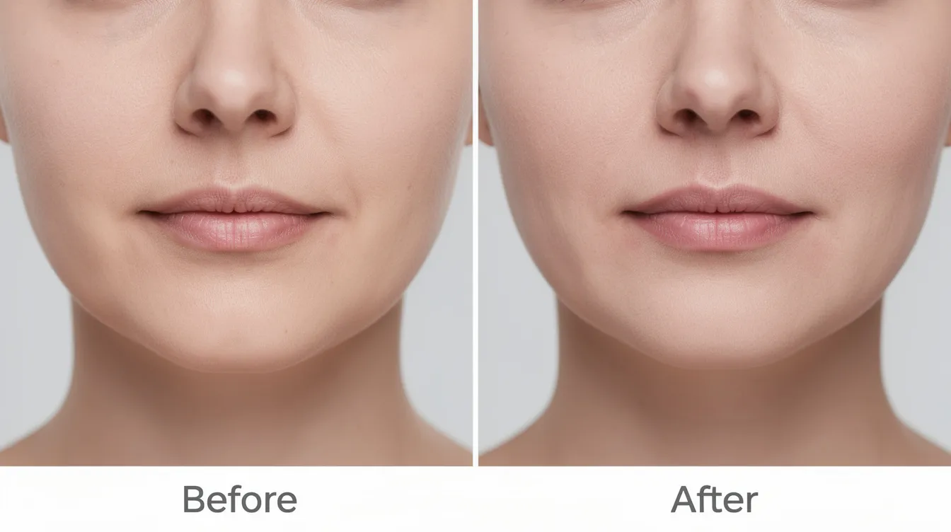 The image shows a side-by-side comparison of a person's chin and jawline area, highlighting the improved contour achieved through non-surgical fat reduction treatments. The clinical setting emphasizes the effectiveness of techniques like fat freezing and ultrasound energy in reducing stubborn fat deposits and enhancing body sculpting.