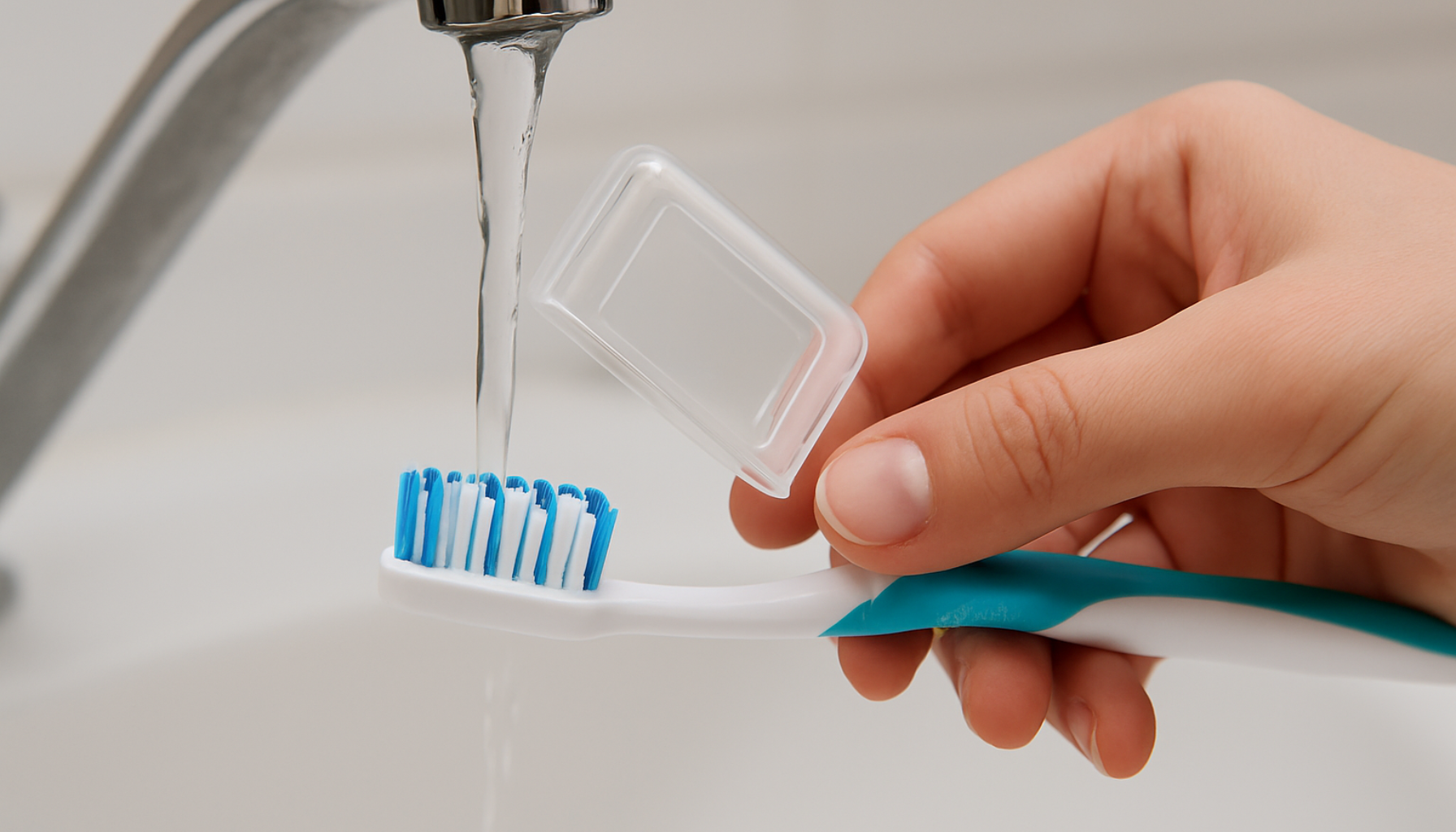 Hvor ofte bør du bytte tannbørste? Ekspertenes anbefaling 18 En hånd skyller en tannbørste under rennende vann med et plastlokk som holdes over børstehodet på et rent baderom.