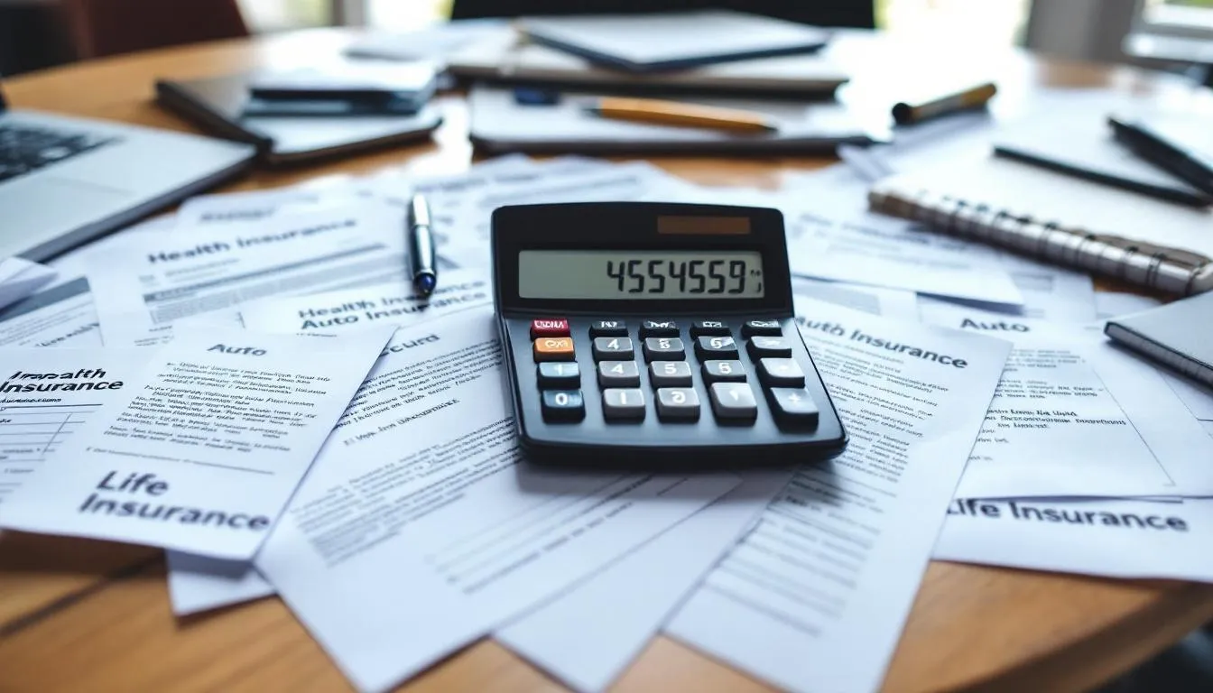 A desk is cluttered with insurance forms and a calculator.