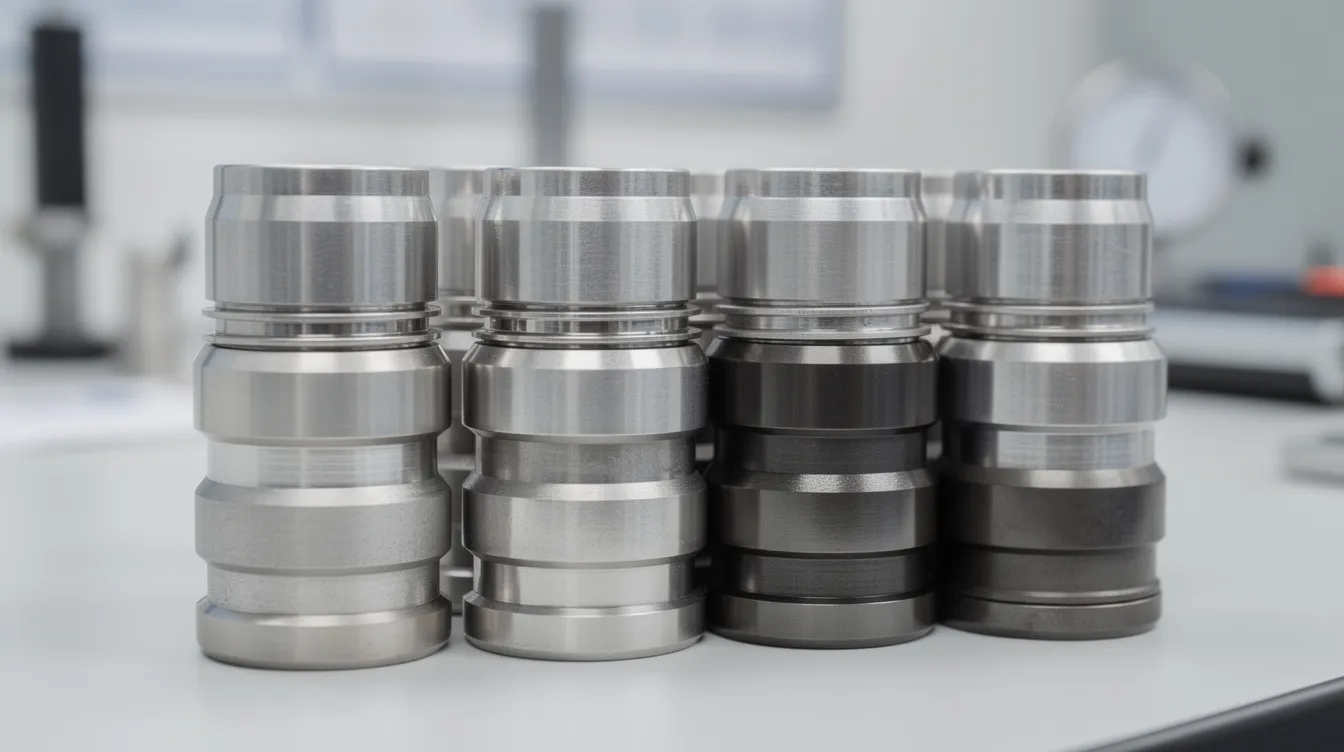The image shows a collection of stacked precision metal parts with a sleek anodized finish, neatly arranged on an inspection table, highlighting the quality control process in custom sheet metal fabrication. These parts are indicative of high-quality sheet metal work, suitable for various industries including automotive and medical devices.