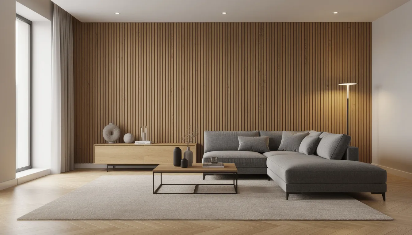 Een stijlvolle woonkamer met een grijze hoekbank, waarbij akoestische lamellenpanelen aan de muur zijn gemonteerd voor een betere akoestiek en een moderne uitstraling. De wandpanelen bieden een esthetisch aantrekkelijke afwerking en zijn gemaakt van hoogwaardige materialen, wat bijdraagt aan de strakke en luxe uitstraling van het interieur.