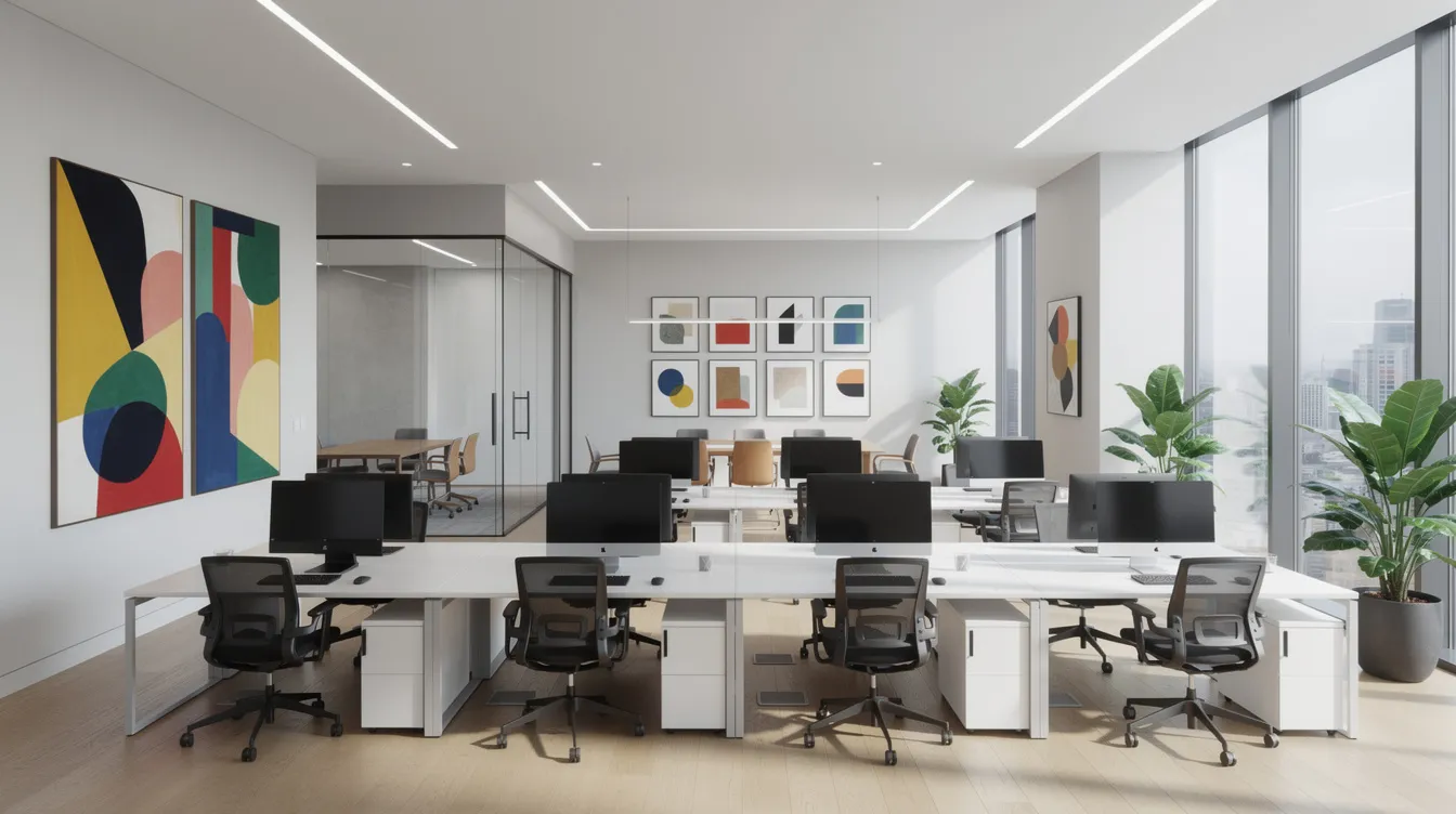 The image depicts a modern corporate office interior featuring sleek furniture and walls adorned with contemporary artworks, showcasing the intersection of the corporate world and fine art. This space reflects the growing importance of art investment and the role of art collectors and investors in the global art market.