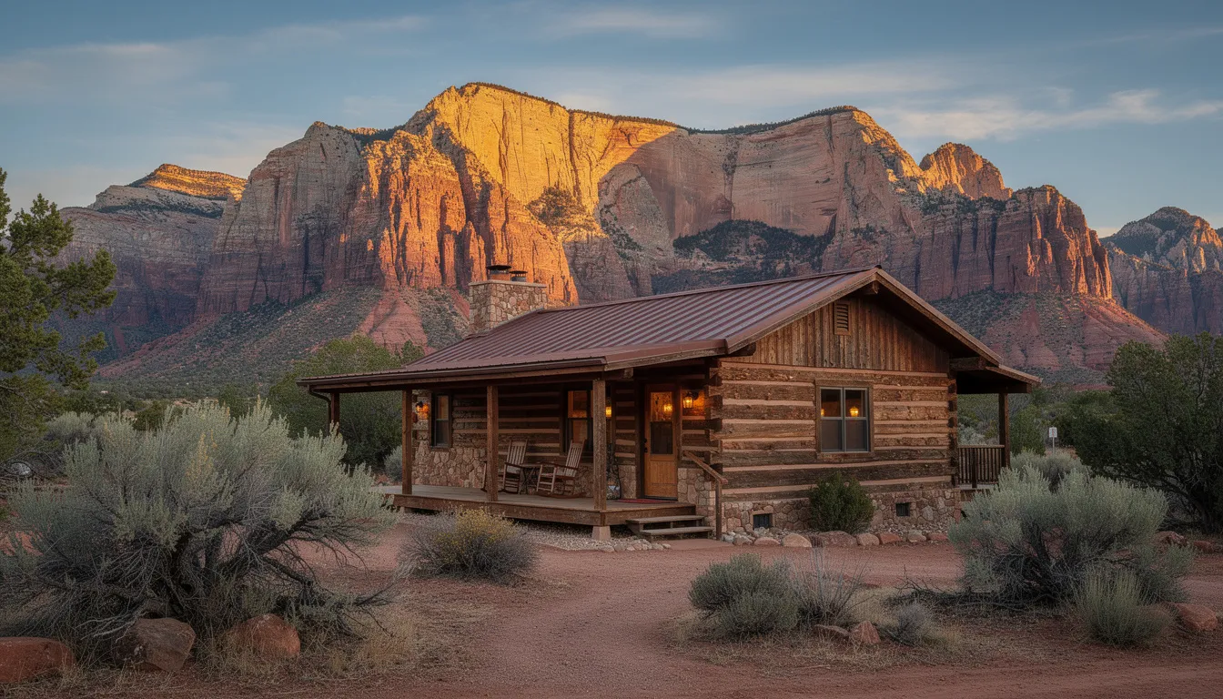 A rustic western-style lodge stands in the foreground, framed by the stunning red cliffs of Zion National Park in the background. This picturesque setting evokes a sense of rich cowboy history, making it a perfect starting point for unforgettable horseback riding adventures through the park's breathtaking landscapes.
