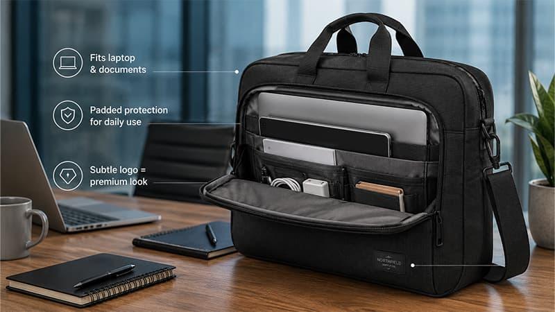 Custom laptop bag with padded compartments for laptops, documents, chargers, and office essentials