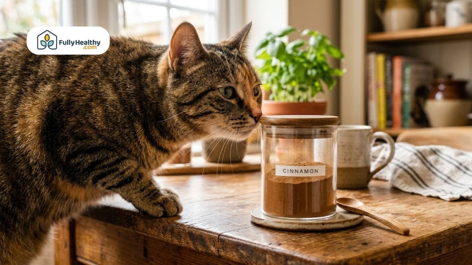 Tabby cat sniffing cinnamon jar on wooden kitchen table near window