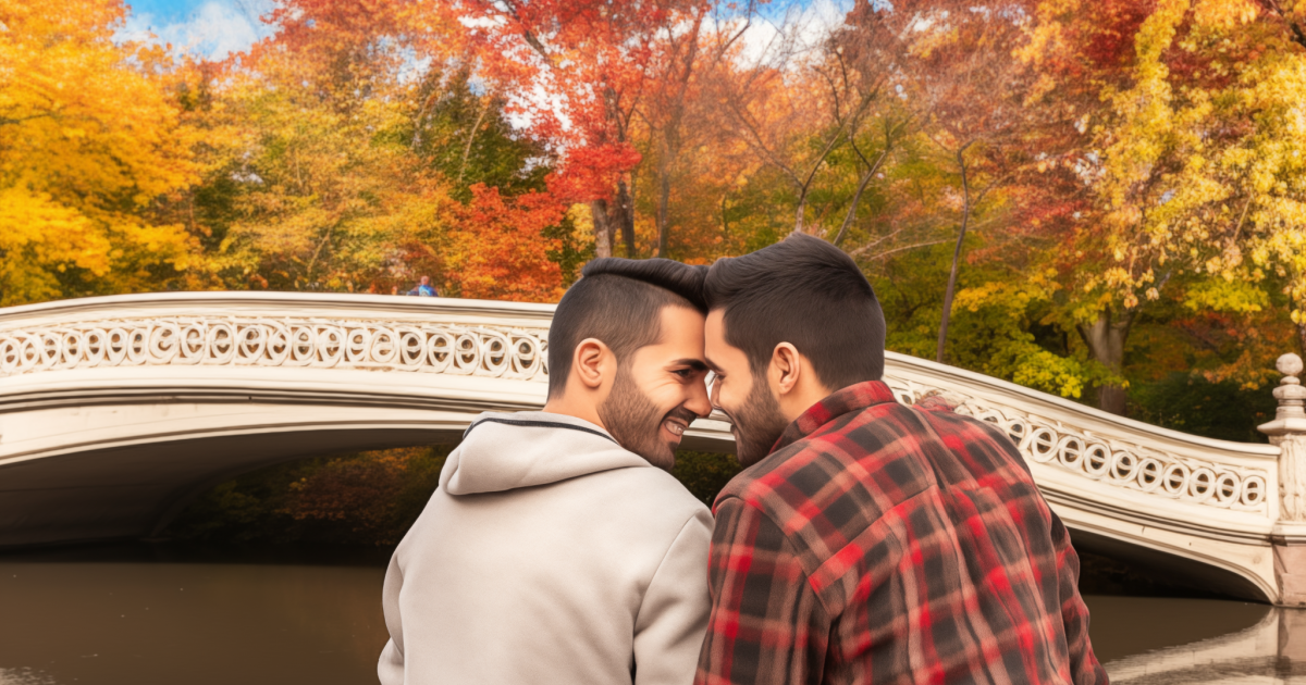 Gay couple near Central Park bridge in NYC after getting marriage work at Loving at Your Best Marriage and Couples Counseling.
