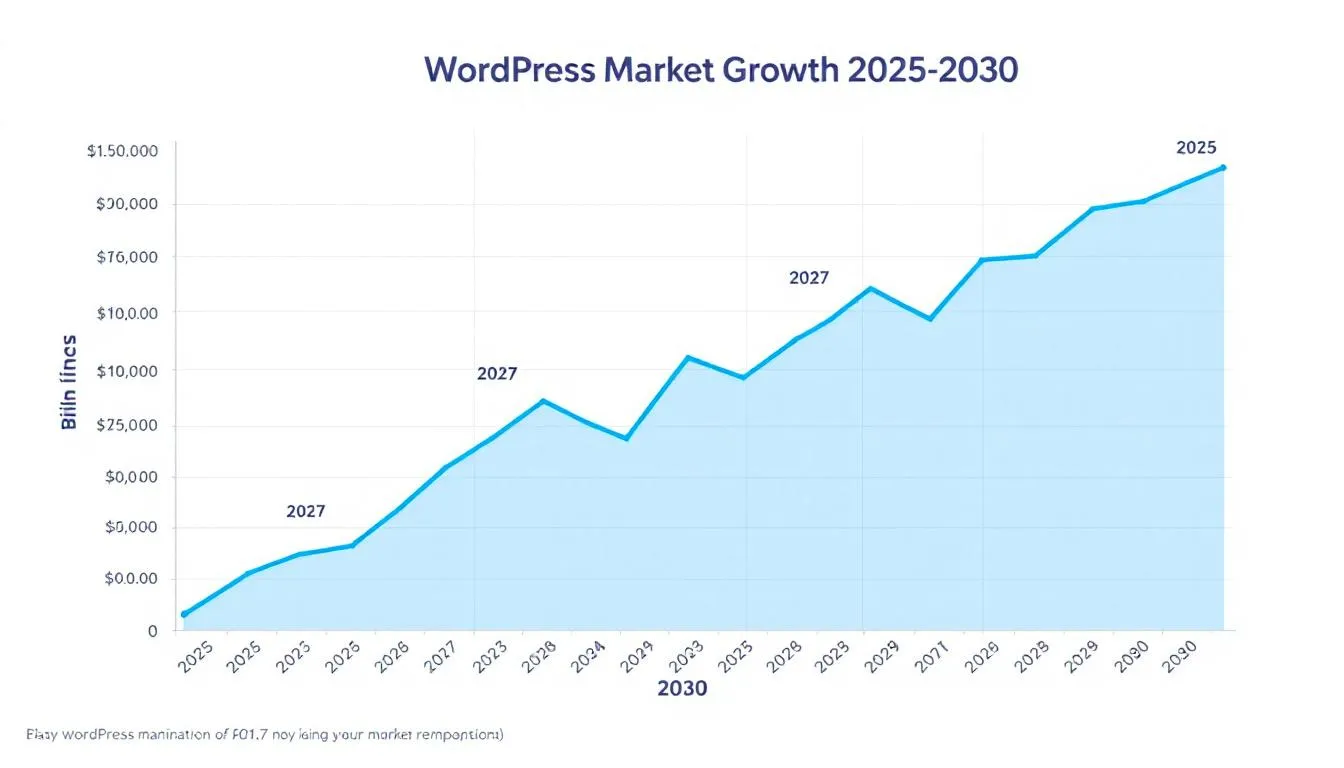 The image depicts a growth chart illustrating the expansion of the WordPress market from 2025 to 2030, showcasing the increasing number of WordPress sites and the vibrant WordPress community. This visual representation highlights the future of WordPress as a leading content management system, emphasizing its advanced features and user engagement trends.