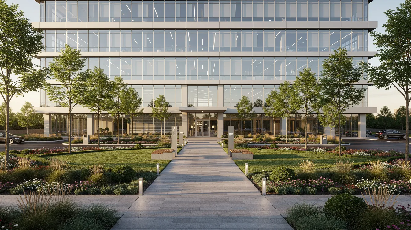 The image depicts a modern office building with a sleek glass facade, complemented by professional landscaping featuring manicured lawns and decorative plants. This setting reflects a corporate environment that might be associated with business valuation processes, where companies assess their financial standing and future cash flows.