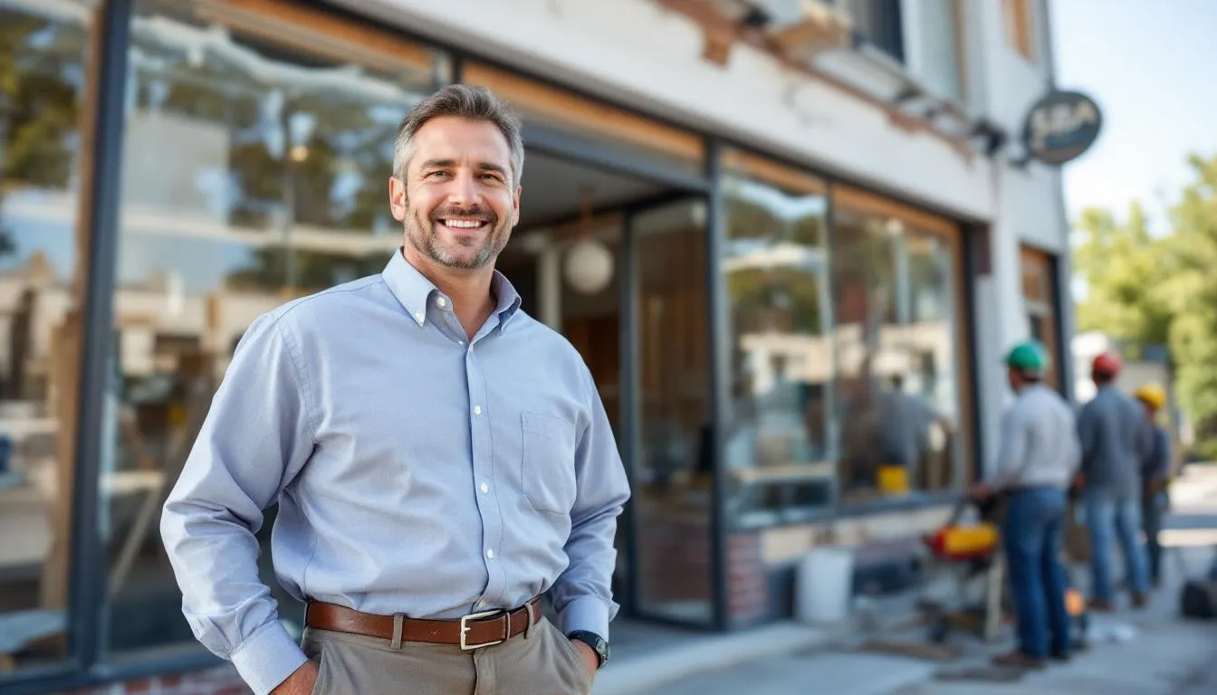 A confident and happy small business owner stands in the foreground while a construction crew works diligently in the background, symbolizing the positive impact of SBA disaster loans in aiding recovery efforts after a declared disaster. This scene reflects hope and resilience for small businesses benefiting from financial assistance and support in rebuilding.