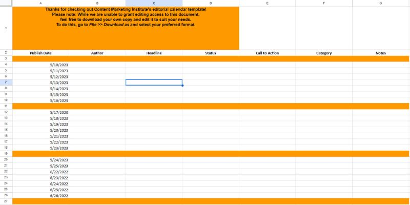 Content Marketing Institute's editorial calendar 