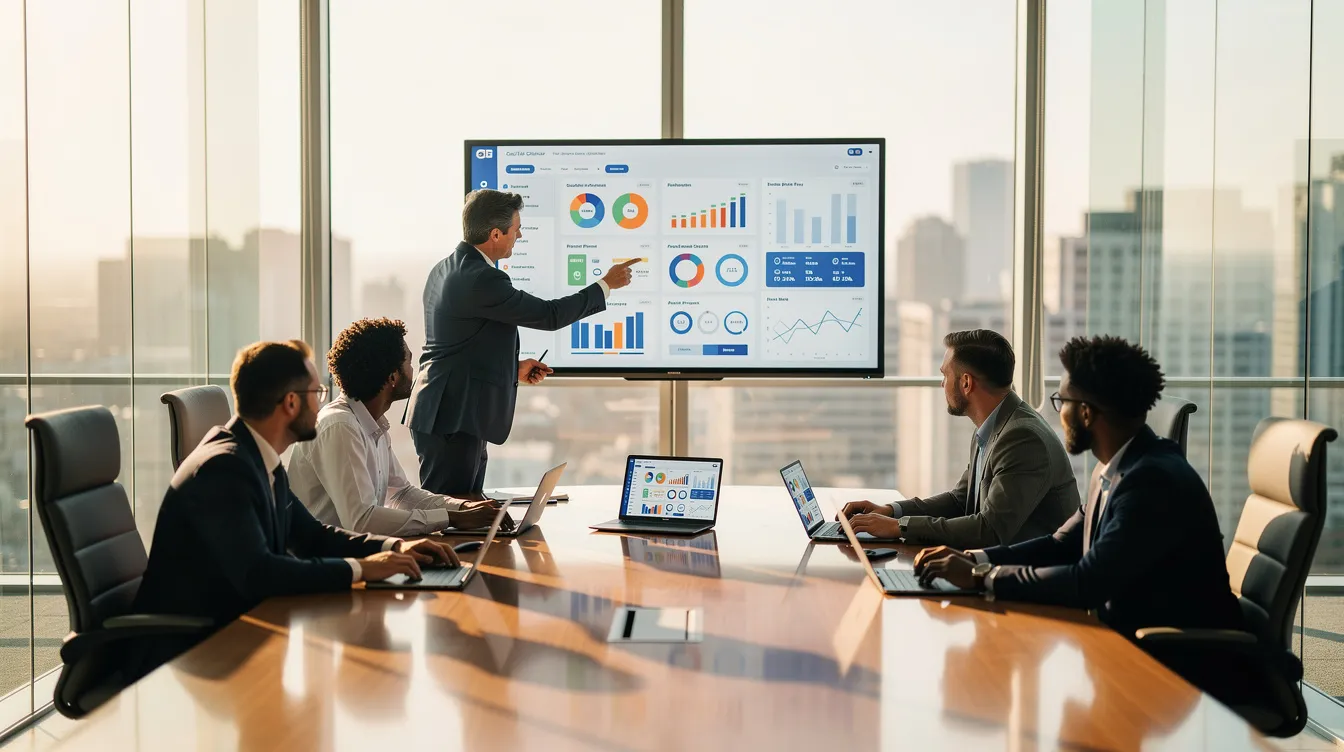A diverse team of professionals is gathered in a modern conference room, intently reviewing data dashboards displayed on a large screen, which likely includes insights related to machine learning models and system design thinking. The atmosphere reflects a collaborative effort in tackling complex tasks, possibly preparing for an AI engineer interview or discussing production AI systems.