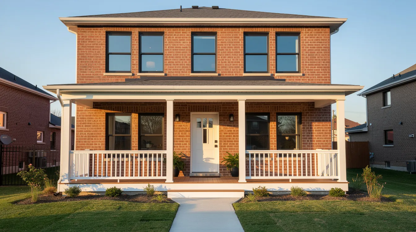 The image shows a beautifully renovated two-storey brick house, featuring new windows and a freshly painted front porch, ideal for real estate investors looking for investment properties. This charming home reflects the potential for fix and flip projects, appealing to those interested in hard money loans and private money lending solutions.