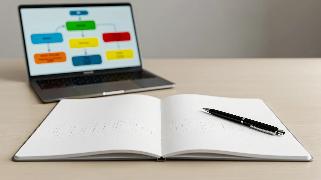 Een opgeruimd bureau met een geopend notitieboek en een pen, naast een laptop waarop een kleurrijk business model canvas te zien is. Het schema biedt inzicht in klantsegmenten, producten en kanalen, wat nuttig is voor de bedrijfsvoering.