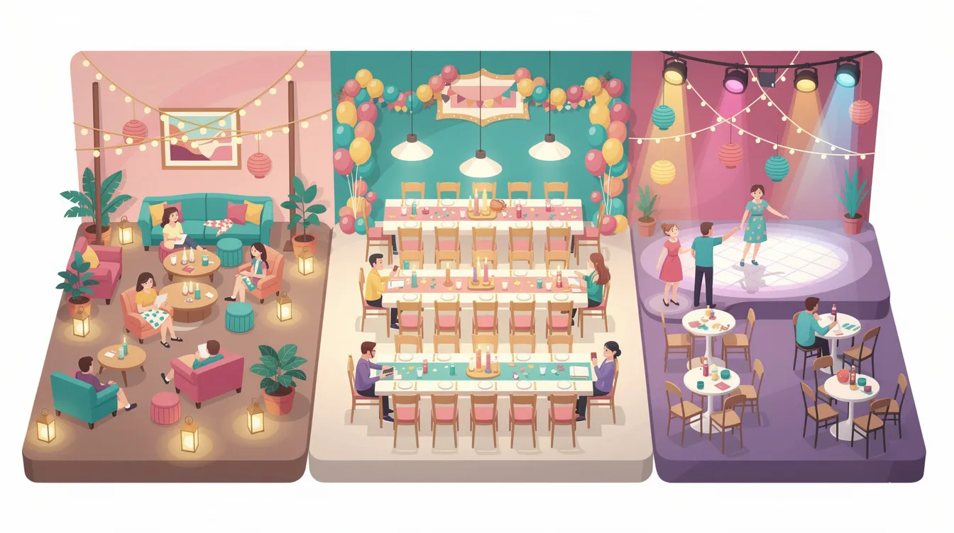 Top Tips on How to Plan and Organize a Play Party: Essentials for Success 3 - Consent Culture A well-decorated venue showcasing different seating arrangements and ambient lighting for a successful party.