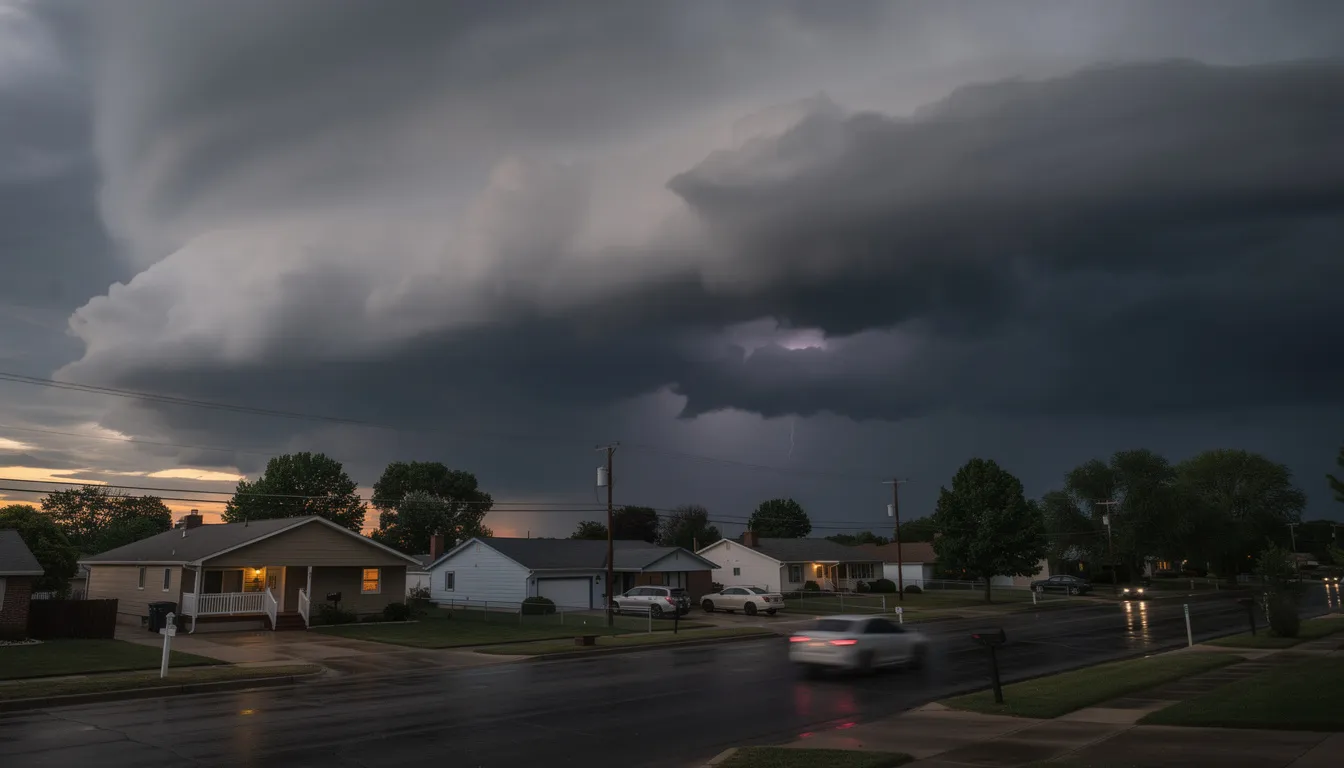 Dark storm clouds loom ominously over a residential neighborhood, casting shadows on the houses below. This scene highlights the importance of gutter services to prevent water damage during storms, ensuring that homes are protected from potential gutter damage and leaks.