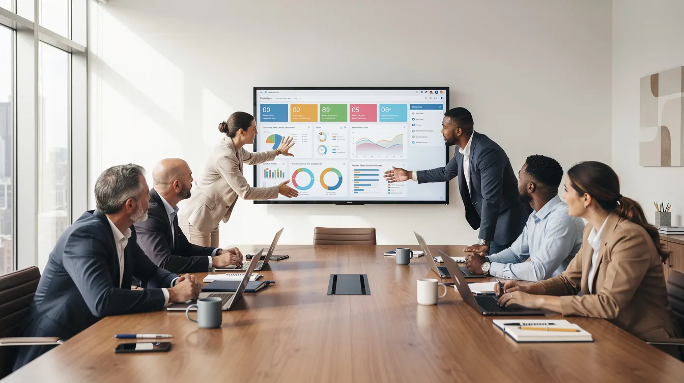 A diverse team of professionals is collaborating around a large monitor in a bright meeting room, discussing strategies for improving their digital marketing efforts in a zero click world. They are likely analyzing search engine results and exploring AI tools to enhance their SEO strategy and drive organic traffic.