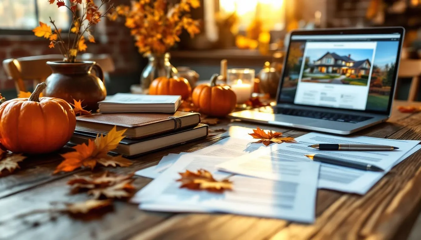 The image features real estate documents laid out on a wooden table, accompanied by traditional Thanksgiving decorations such as pumpkins and autumn leaves, evoking a warm community atmosphere for the holidays in Lee County. This scene captures the essence of family gatherings and the importance of home during this festive season in November.