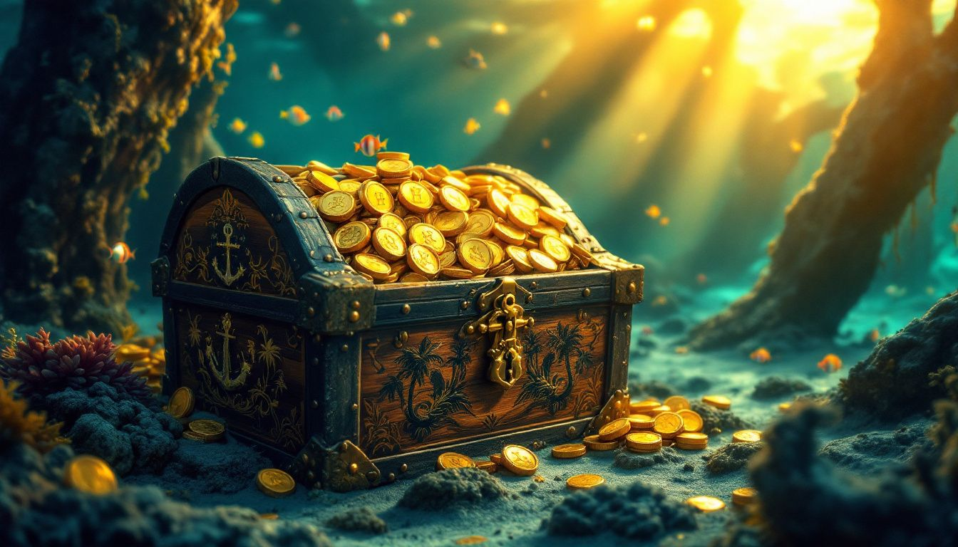 A treasure chest filled with sunken treasure and pirate gold coins.