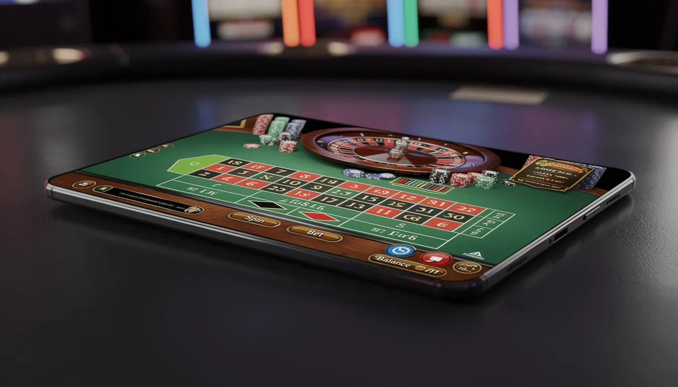 En modern smartphone visar en casino gaming-gränssnitt på skärmen, med ikoner för olika spel som slots och blackjack. Användare kan se erbjudanden för free spins och bonusar från online casinot Guts, vilket gör det enkelt att spela dygnet runt.