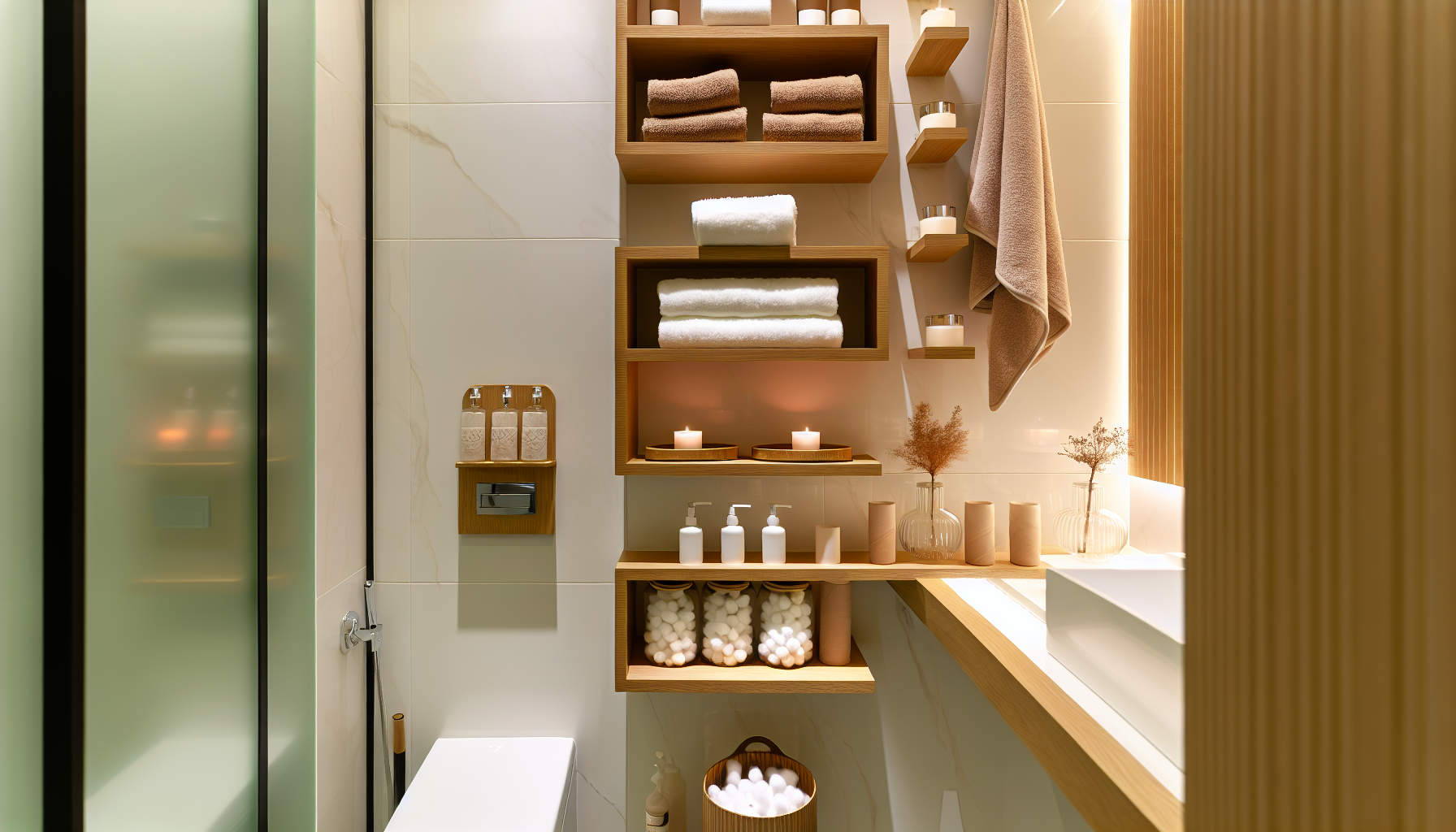 Wall-mounted shelves maximizing vertical space in a bathroom