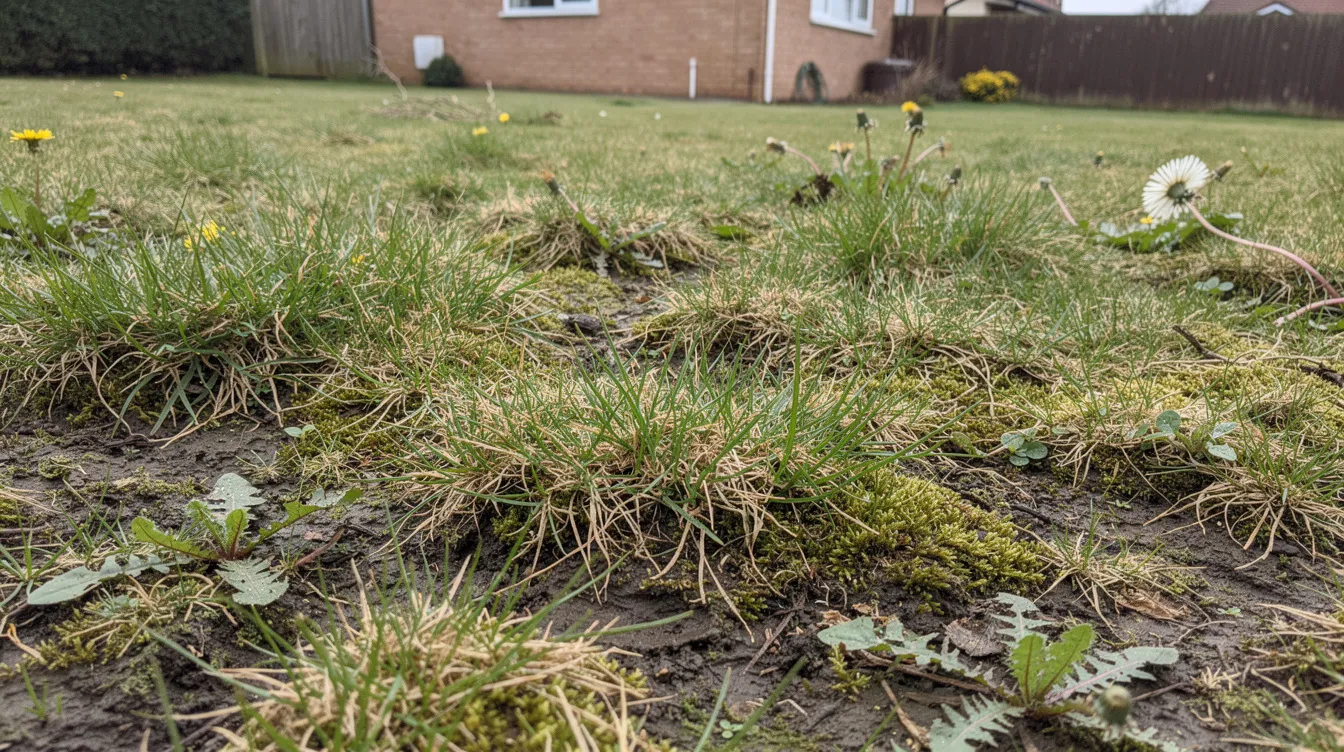 The image depicts a patchy UK lawn in spring, showcasing areas of bare grass interspersed with healthy green patches. This lawn could benefit from tailored seasonal treatments and consistent care to achieve a lush, green appearance.