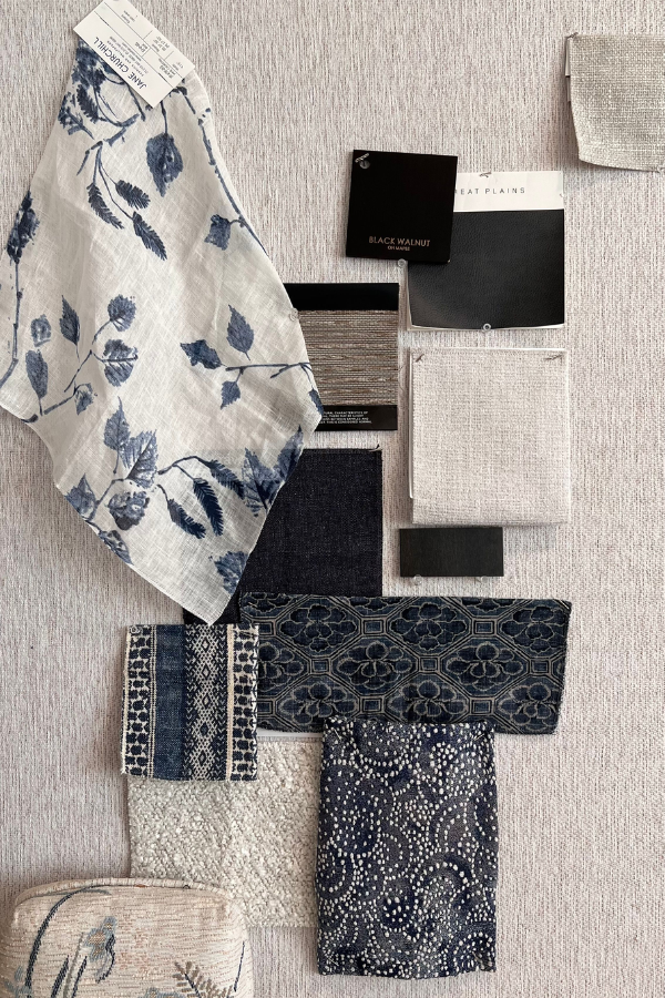 fabric swatches for upholstery on a custom headboard prior to delivery to the customer