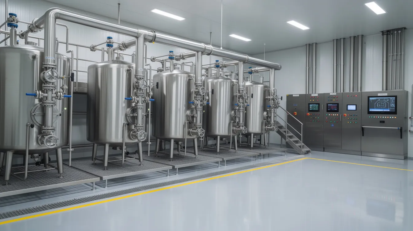 The image depicts a modern dairy processing facility featuring industrial stainless steel equipment, including tanks and pipes, essential for the casein manufacturing process. Automated controls are visible, indicating advanced technology used in the production of milk protein, which plays a significant role in diverse industries such as pharmaceuticals and sports nutrition.