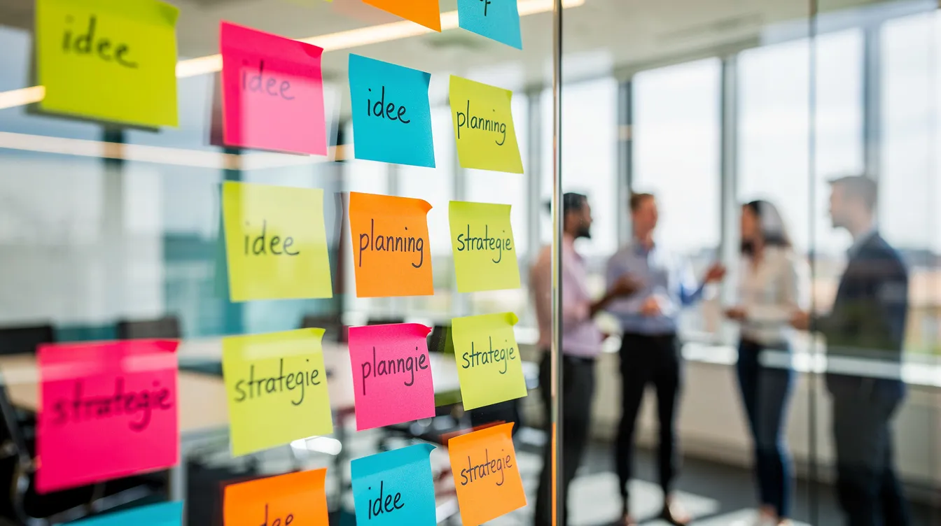 Kleurrijke post-its zijn op een glazen wand geplakt tijdens een teamsessie, waar verschillende stakeholders hun ideeën en input delen. Deze visuele representatie helpt bij het effectief managen van de verwachtingen en betrokkenheid van zowel interne als externe belanghebbenden in de nieuwe projectfase.