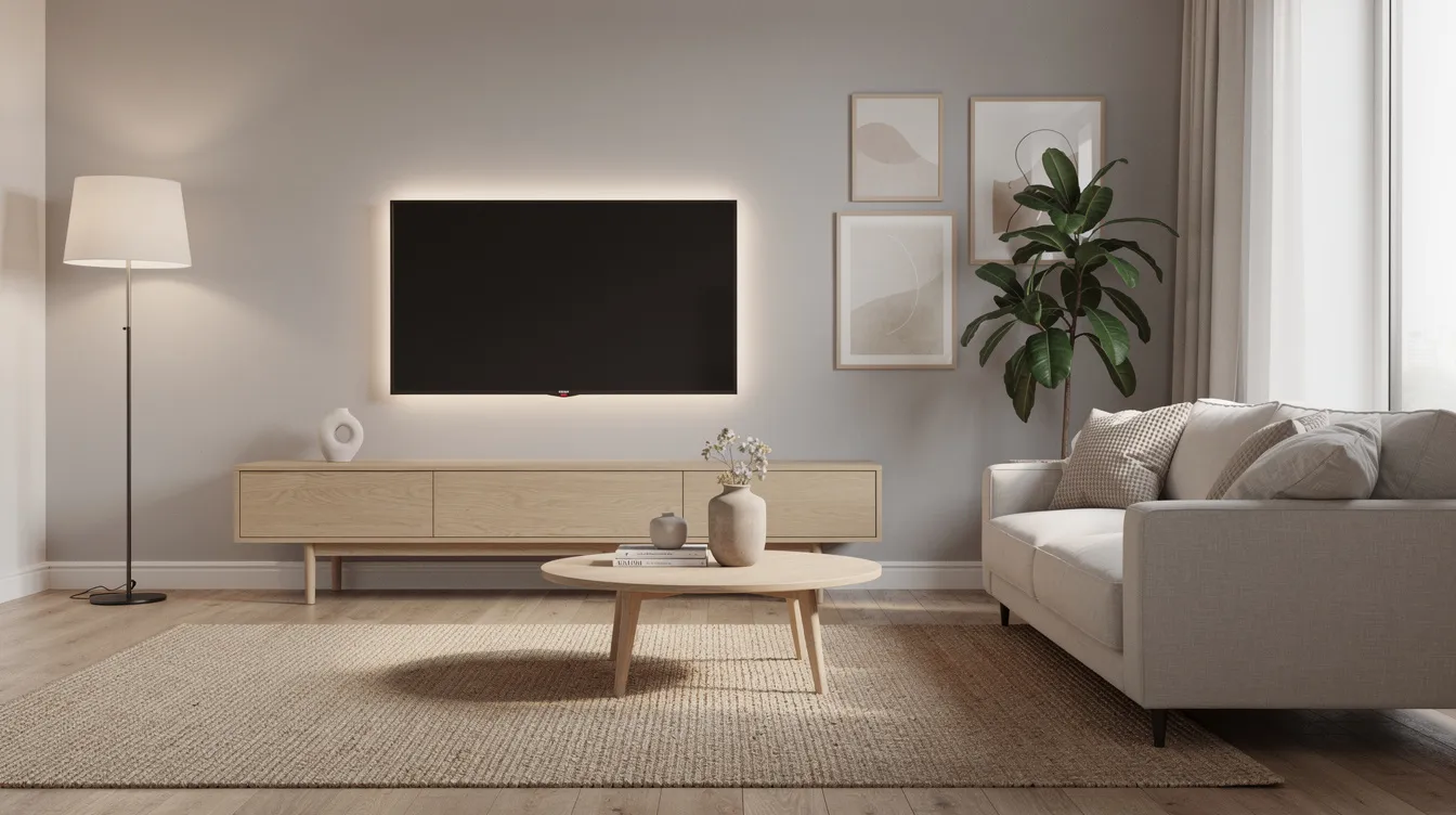 En mysig skandinavisk vardagsrum med en väggmonterad TV och neutrala färger. Rummet har en låg mediekonsol och mjuk ambient belysning som skapar en lugn och inbjudande atmosfär.