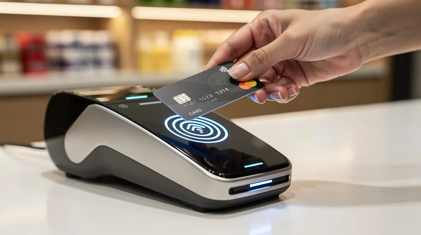 A customer is tapping a contactless credit card on a sleek, modern payment terminal at a retail counter, showcasing the convenience of accepting credit card payments. This image illustrates the ease of processing credit card transactions using advanced payment processing solutions.