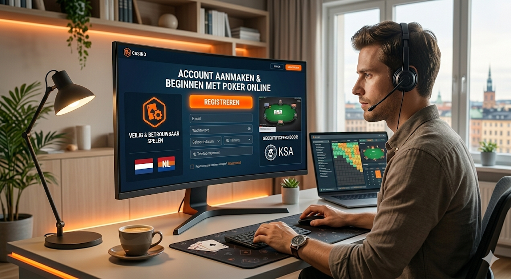 Speler die een online poker account registreert op een pokerwebsite, met registratieformulier, veilige login en KSA-gecertificeerd online casino platform.