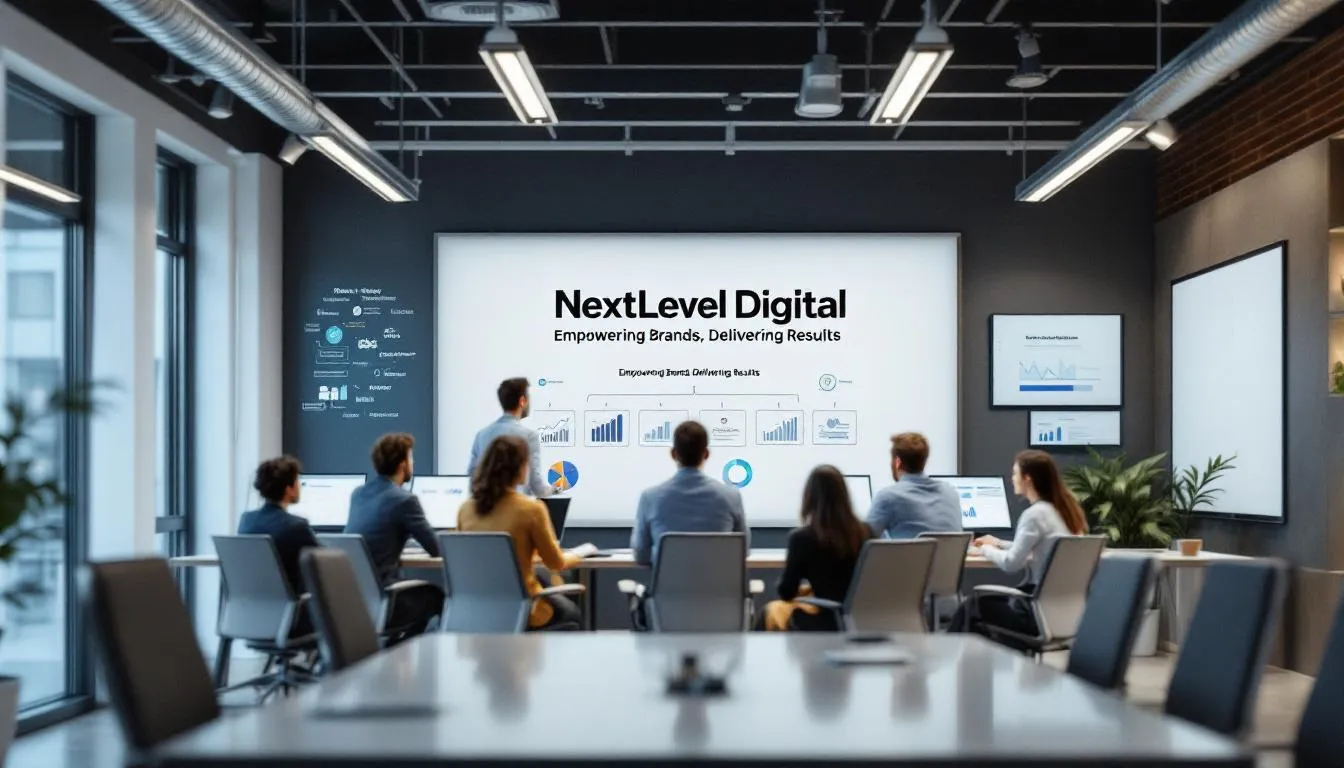 The image depicts a diverse team of professionals from a leading digital marketing agency collaborating on innovative marketing strategies, showcasing their expertise in the digital marketing landscape. They are engaged in a discussion around a digital platform, emphasizing their commitment to delivering great results for ambitious brands through effective content marketing and social media campaigns.