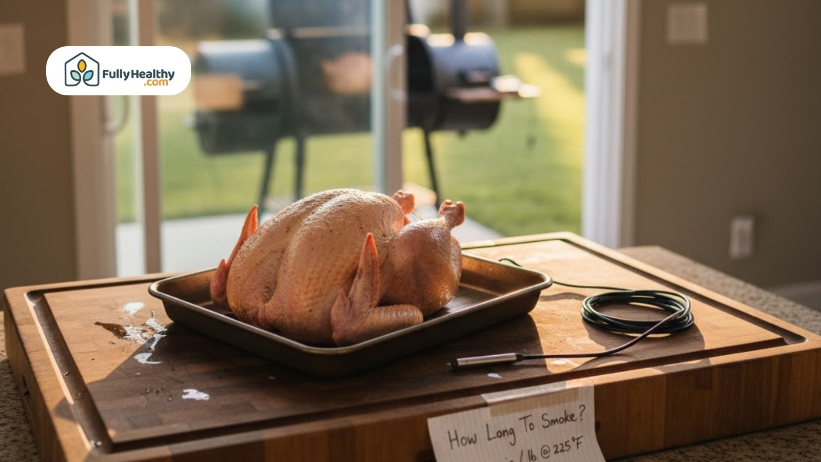 Raw turkey on roasting pan with temperature probe, ready for smoking