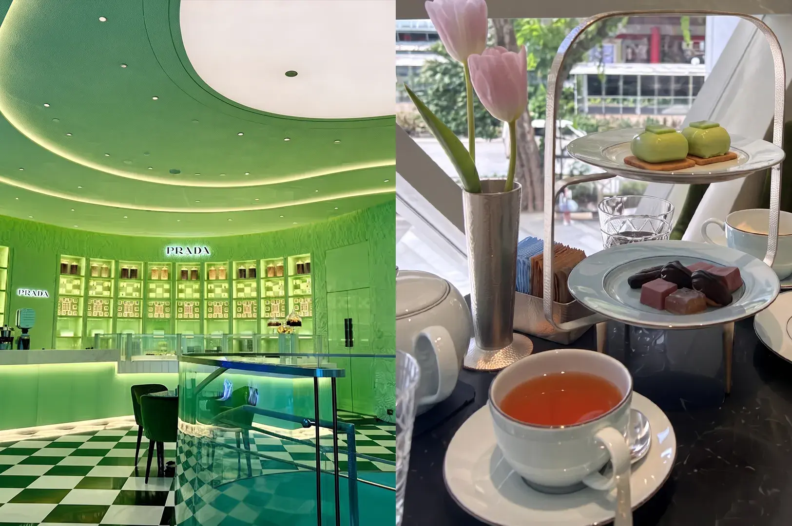 Split-screen image showing the vibrant green interior of Prada Caffè alongside a close-up of an afternoon tea service with pastries and tea.