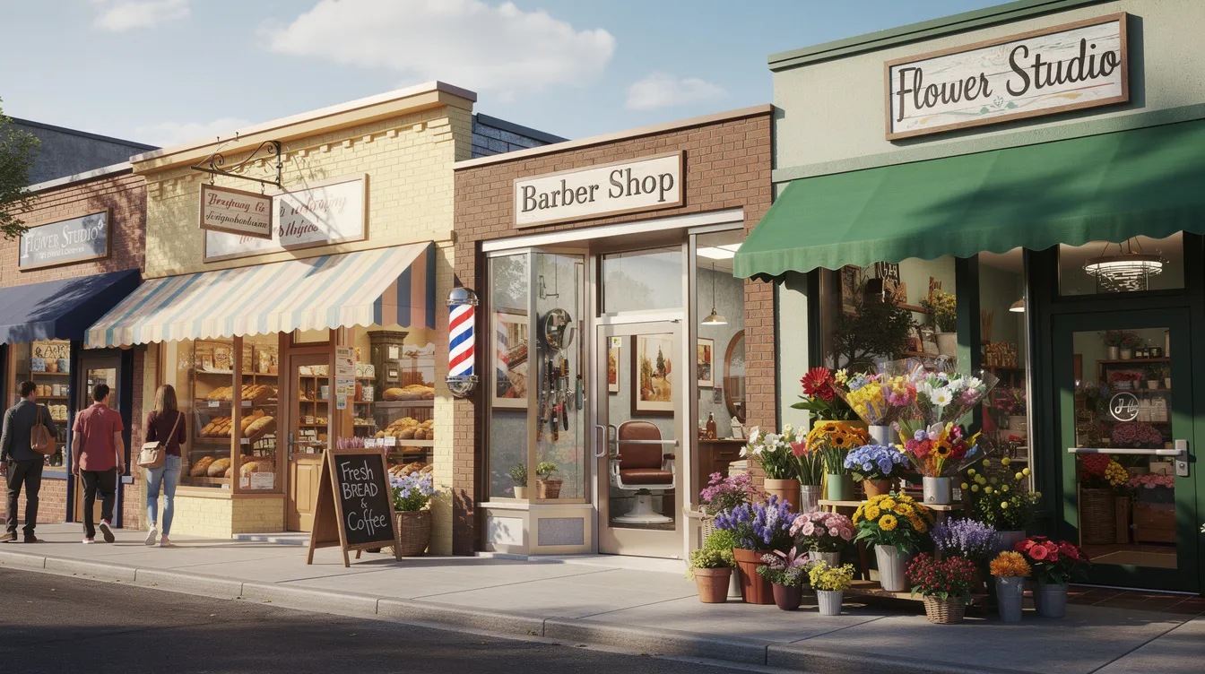 A vibrant street scene features a row of diverse small business storefronts, including a charming bakery, a bustling barbershop, and a colorful flower shop, all basking in the warm sunlight. This lively atmosphere highlights the importance of local SEO for small businesses to enhance their visibility in search engine results.