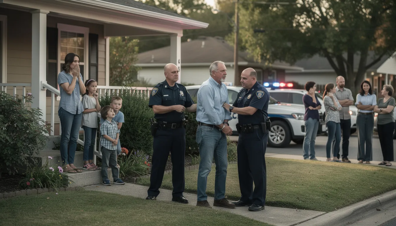 The image depicts a man in handcuffs being escorted away from a house, while his wife and children watch in distress, highlighting the emotional impact of domestic violence. Neighbors can be seen observing the scene, emphasizing the community's awareness of the situation involving potential intimate partner violence.
