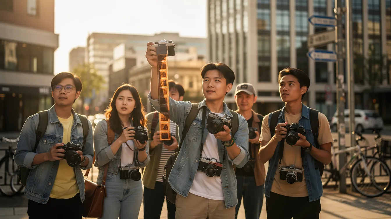 In einer sonnigen Stadtszene sind junge Fotografen mit verschiedenen analogen Kameras zu sehen. Eine Person hält eine offene Filmrolle ins Licht, während im Hintergrund moderne urbane Architektur zu erkennen ist.