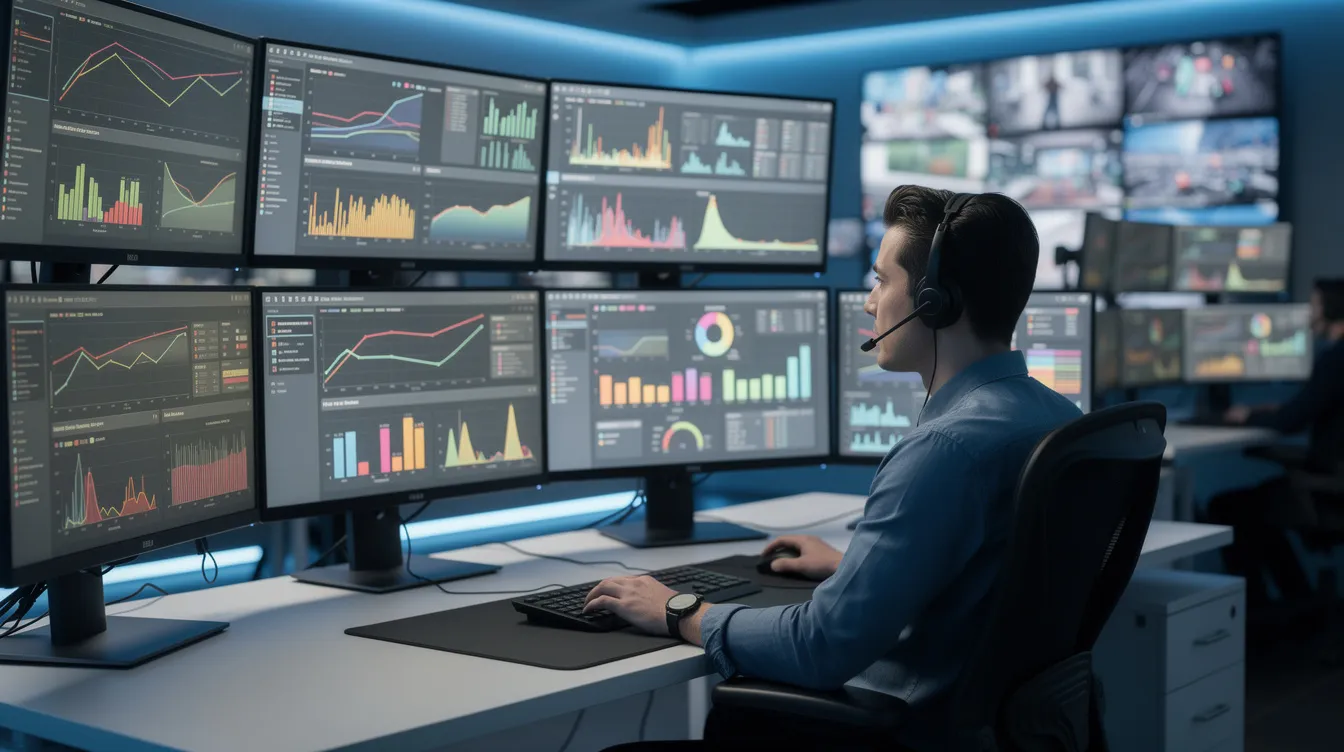 The image depicts a professional in a modern operations center, intently monitoring multiple screens filled with colorful graphs and metrics, illustrating the dynamic behavior of complex systems and the analysis of existing systems. This environment emphasizes effective communication and information flow, crucial for understanding system performance and supporting decision-making in modern organizations.