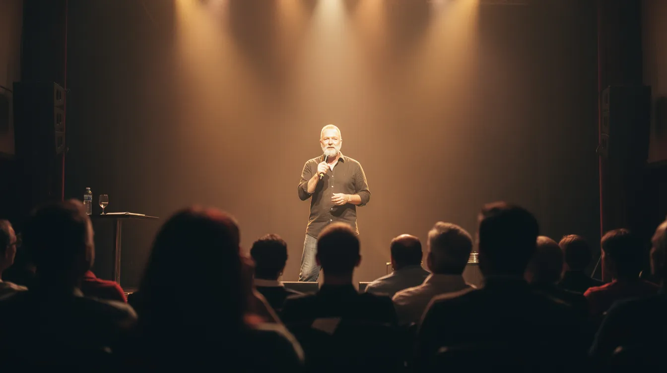 Een presentator, mogelijk Bram Krikke, staat op een podium voor een enthousiast publiek, omringd door warme podiumverlichting die de sfeer versterkt. De veelzijdige persoonlijkheid van de Nederlandse mediawereld lijkt te stralen terwijl hij zijn verhaal vertelt.