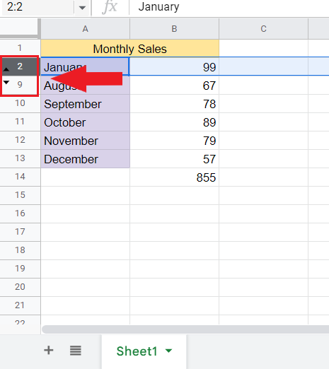 Unhide Row in Google Sheets  