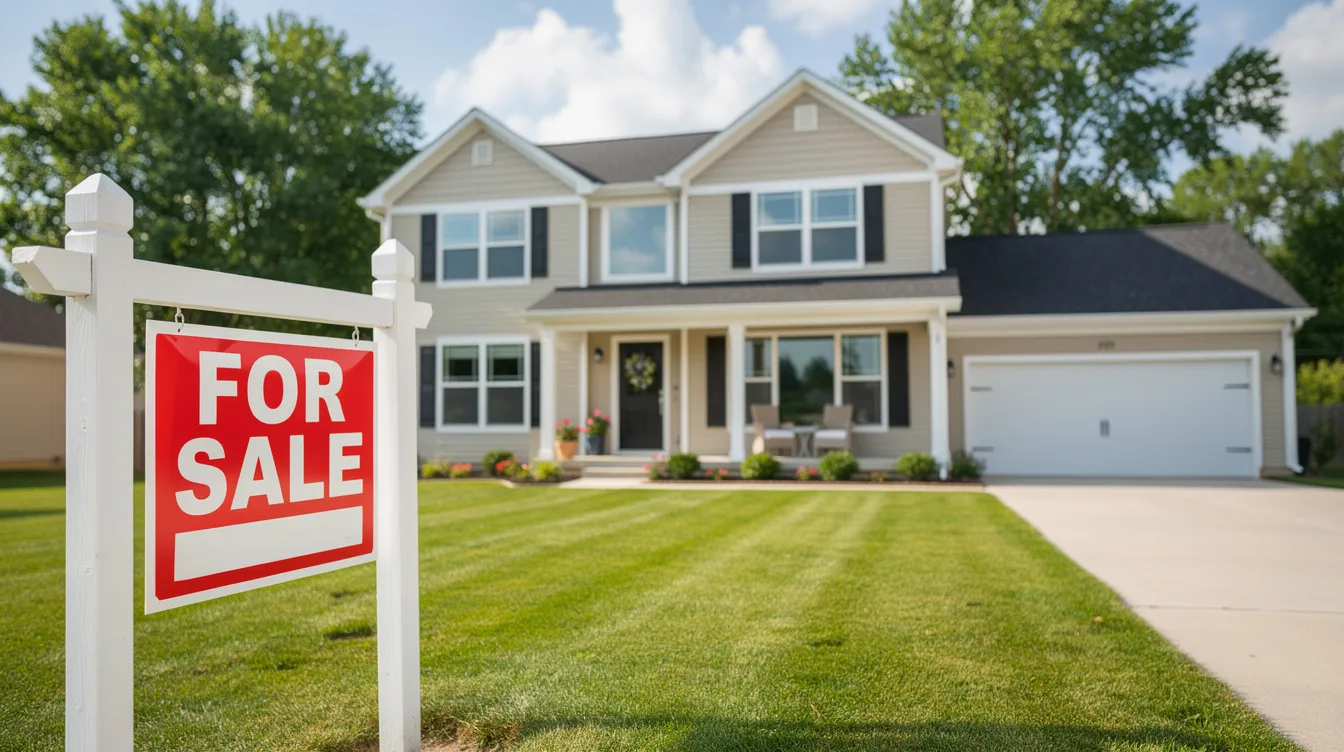 The image depicts a suburban house with a "For Sale" sign prominently displayed in the front yard, indicating a potential opportunity for buyers in the current housing market. This residential real estate listing may attract first-time homebuyers looking to navigate affordability issues and explore options like assumable mortgages.