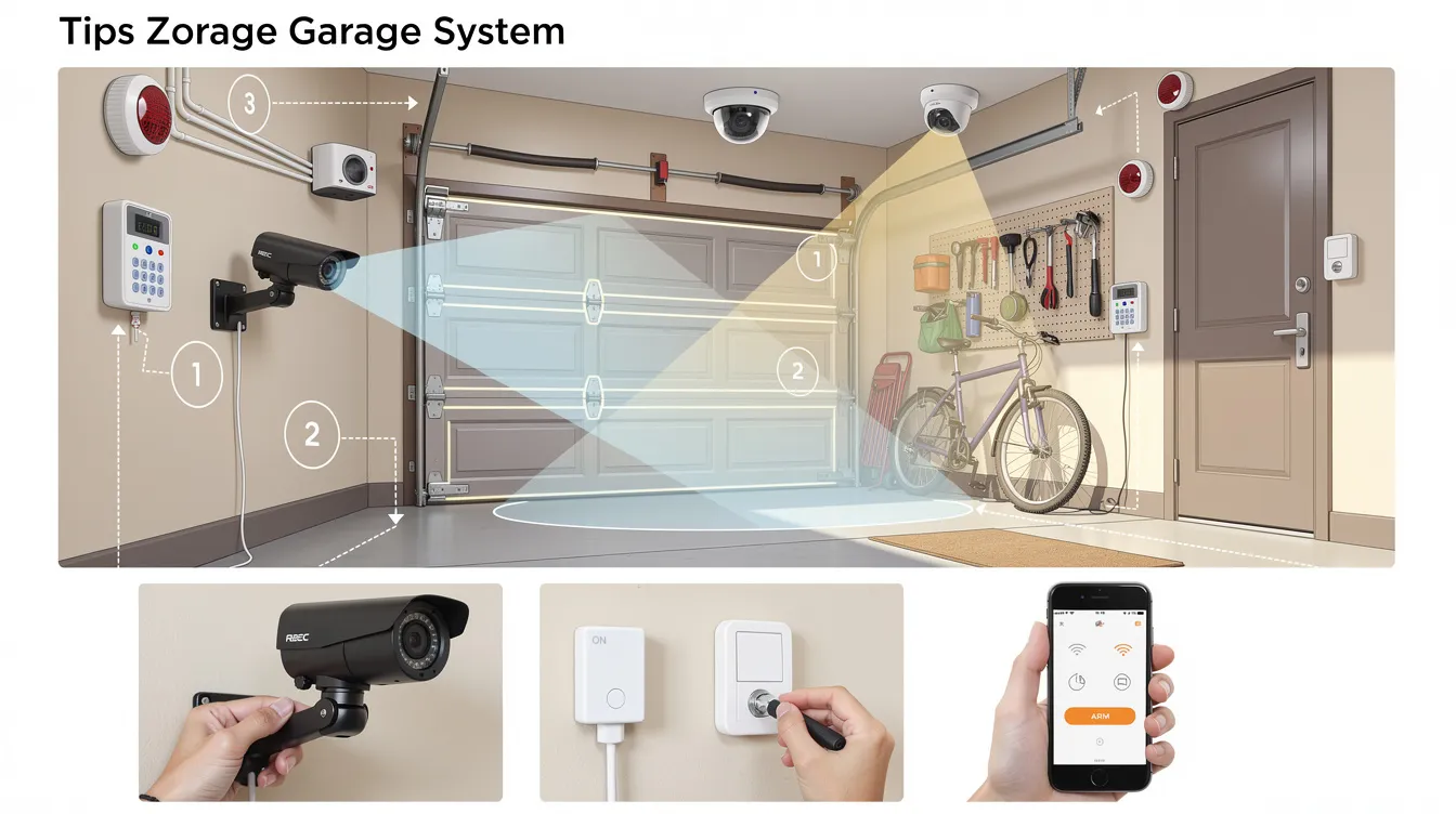 A comprehensive garage security system featuring cameras and alarms.
