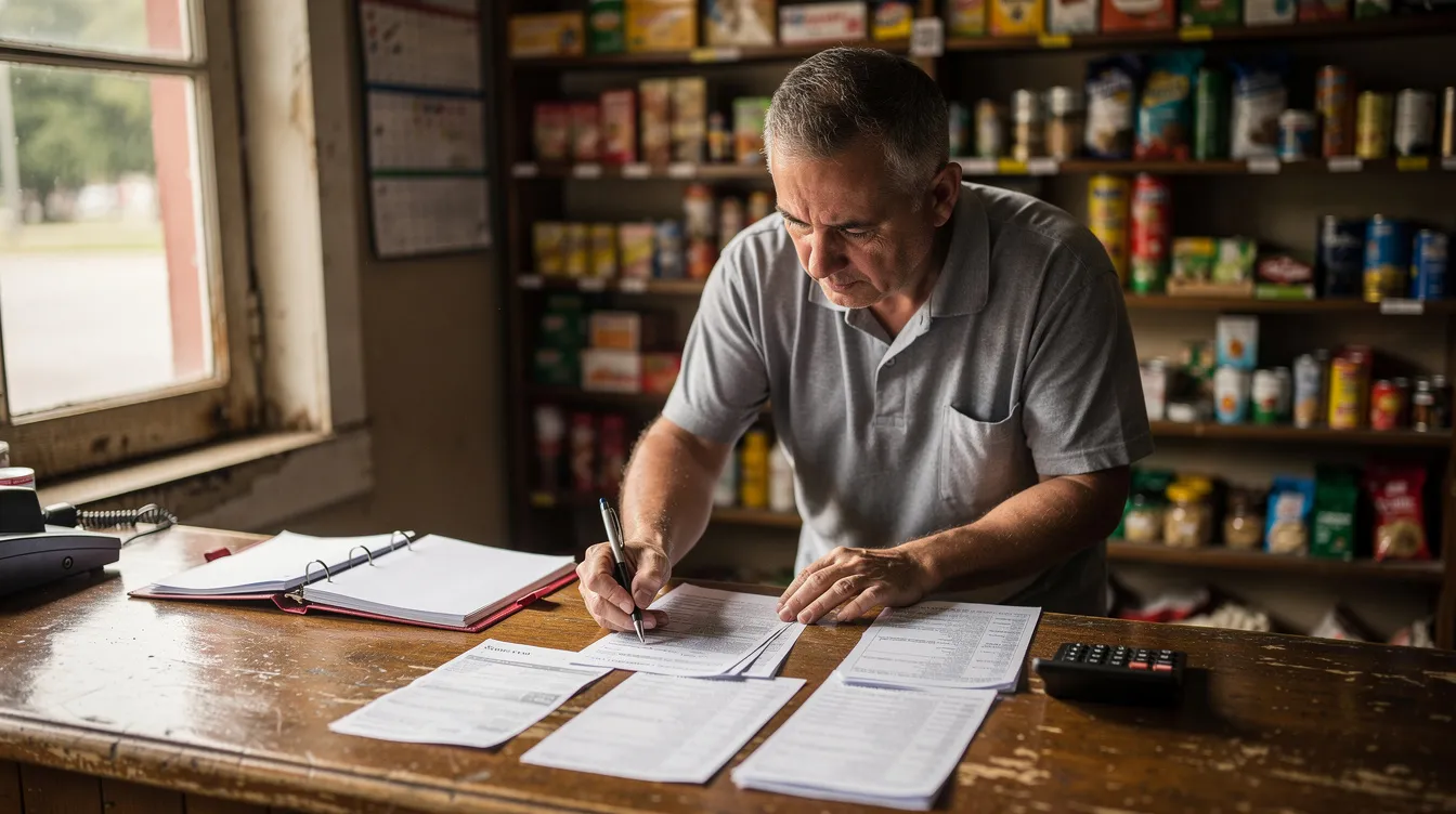 A small shop owner is seen at a counter, carefully reviewing bank documents, possibly related to customer complaints or the banking ombudsman scheme. The scene highlights the importance of proper documentation and communication in resolving grievances within the banking sector.
