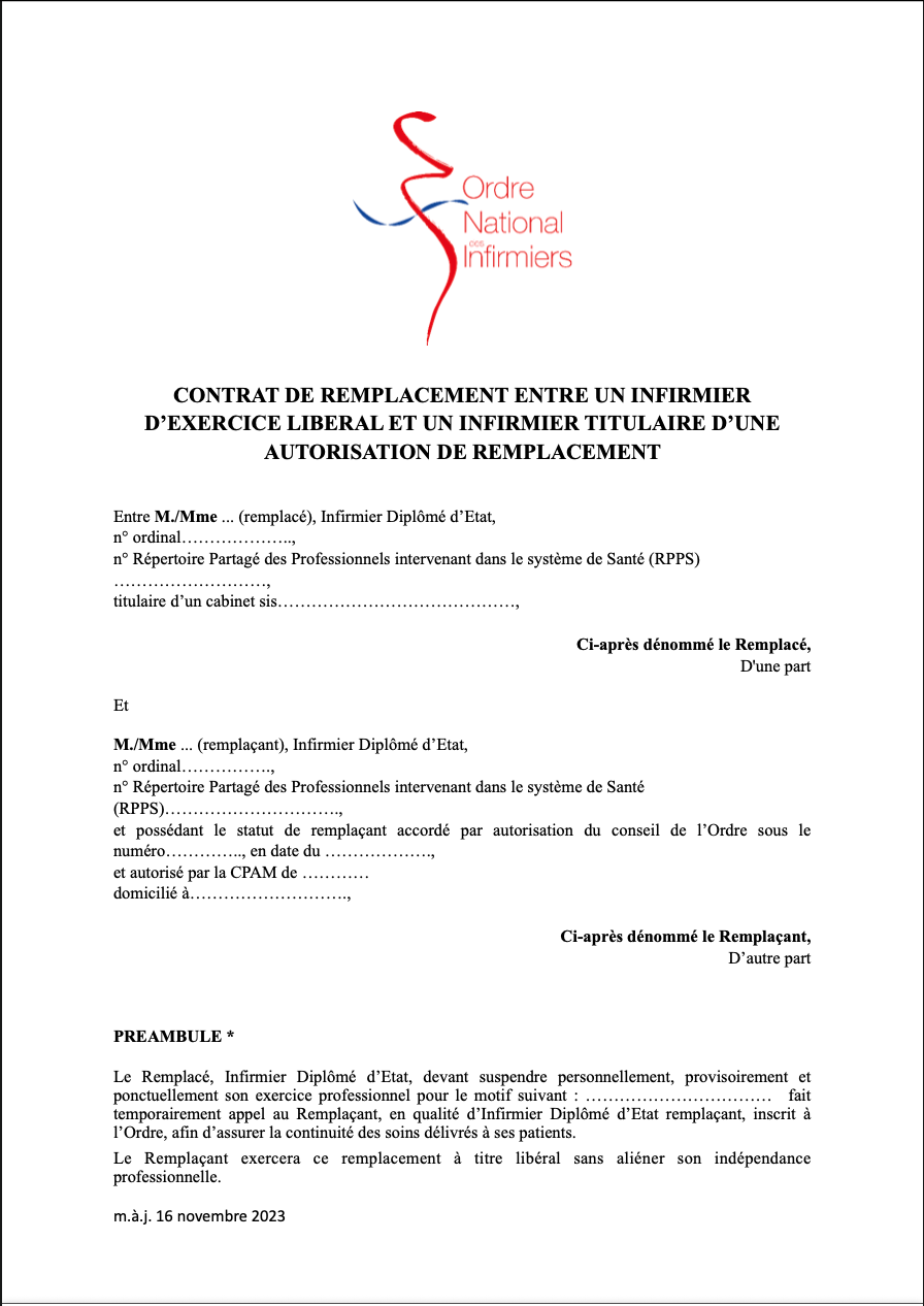 Exemple de contrat pour un remplacement IDEL (première page du contrat)