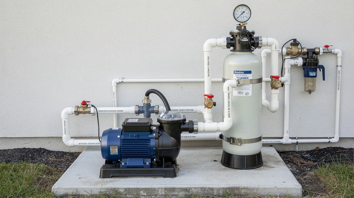 The image depicts a pool equipment pad featuring an installed pump and filter system, complete with a visible pressure gauge. This setup is essential for maintaining the pool's filtration system, ensuring clean water by effectively trapping dirt and debris through various pool filter types, including sand filters and cartridge filters.